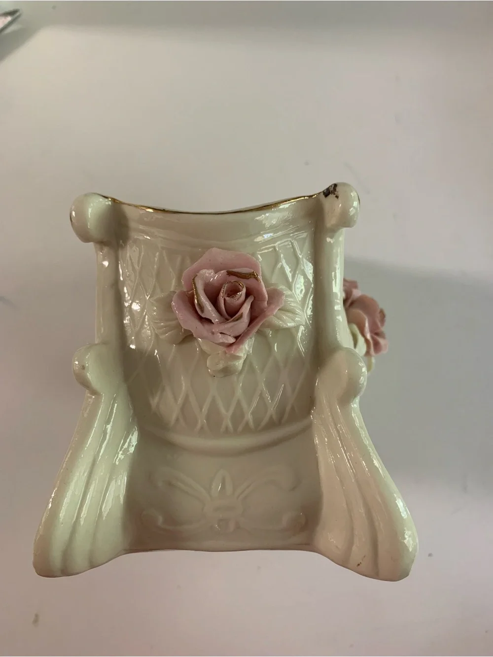 Ceramic Pink Rose Accent Vase - Antique White with Gold Trim